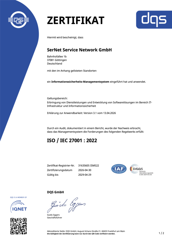 [Translate to English:] ISO 27001 Zertifikat der SerNet GmbH