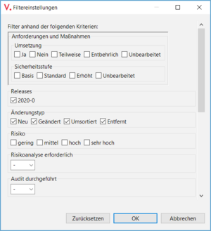 Figure 2. Filter options for changes
